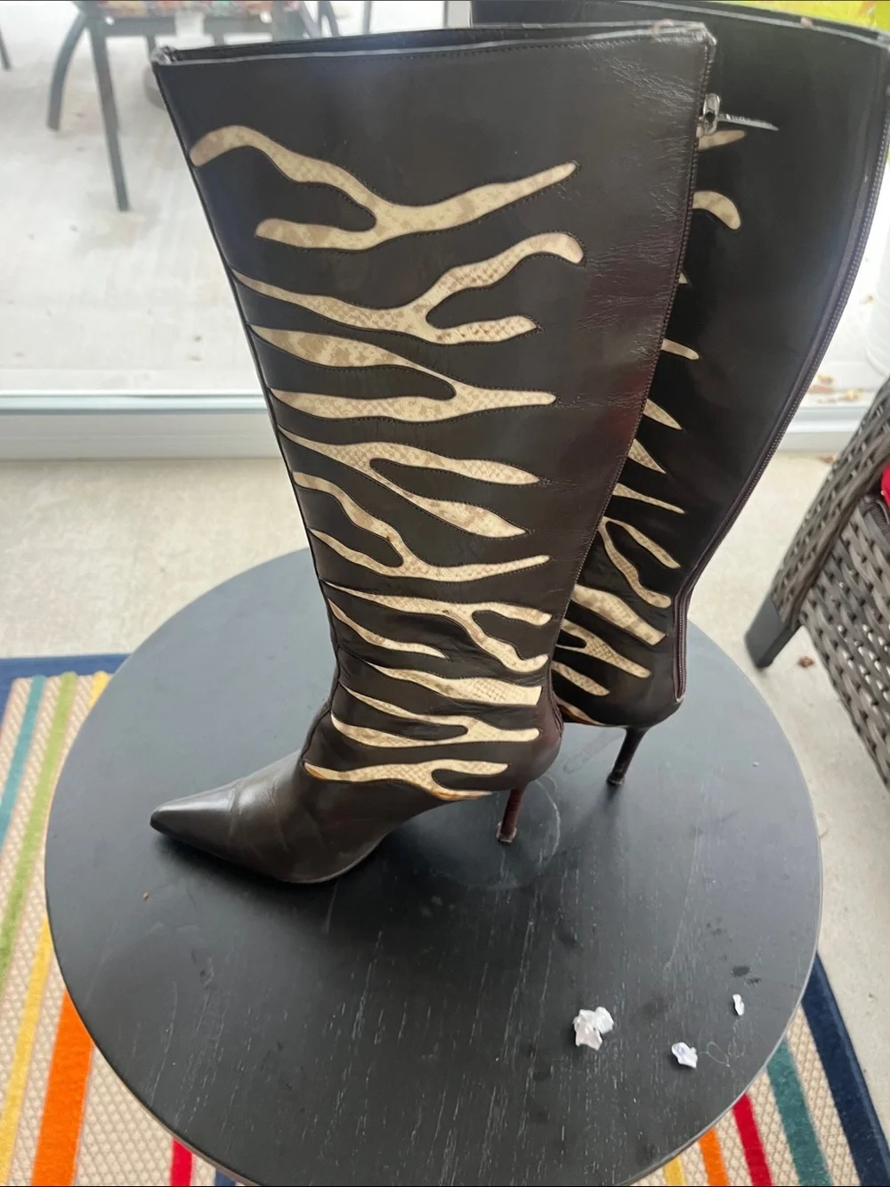 Colin Stuart Black Knee-High Pointed Toe Boots with Metallic Zebra Accent